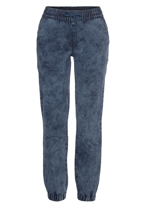 Bild: Jogger Pants von H.I.S: Schlupfhose in Jeansoptik von HIS. Used-Design. Elastischer Tunnelzugbund. Bündchen an den Beinenden. Seitliche Eingrifftaschen, Gesäßtaschen. Für die Freizeit. Trageangenehme Qualität.