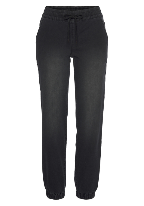 Bild: Jogger Pants von H.I.S: Schlupfhose in Jeansoptik von HIS. Used-Design. Elastischer Tunnelzugbund. Bündchen an den Beinenden. Seitliche Eingrifftaschen, Gesäßtaschen. Für die Freizeit. Trageangenehme Qualität.
