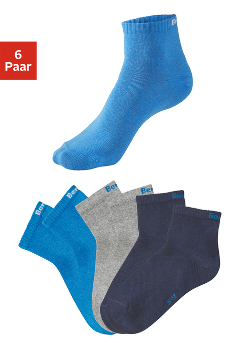 Bild: Kurzsocken von Bench.: Kurzsocken von Bench im praktischebn 6er-Pack. Unifarbenes Design mit kontrastfarbenem Logo am Bund hinten. Ohne Frottee. Ideal für Freizeit und Sport. Trageangenehme, elastische Baumwollmischung.
