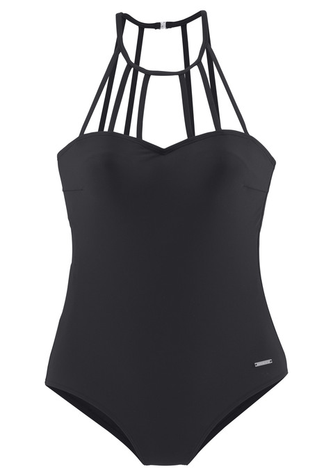 Bild: Badeanzug von Bruno Banani: Stylischer Look in 3 angesagten Unifarben. Mit eingearbeiteten Softcups und Unterbrustgummi. Im Nacken zu schließen.