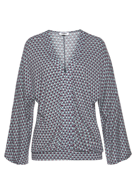 Bild: 3/4-Arm-Shirt von Buffalo: In legerer Form mit breitem Bündchen am Saum für einen lockeren Fall. Weite, ¾-lange Ärmel. In 2 Druckdesigns oder in uni Schwarz, bedruckt jedes Teil ein Unikat. Länge ca. 64 cm.  Aus 100% Viskose.