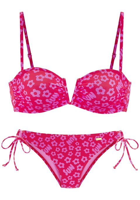 Bild: Bandeau-Bikini von Buffalo: Bandeau-Bikini von Buffalo mit sommerlichem Alloverprint. Bikinitop mit verstellbaren Trägern zum Abnehmen, einem V-Cut zwischen den Cups und einem Verschluss hinten. Knapp geschnittene Bikinihose mit seitlichen Zierringen und Bindebändern. Angenehme Qualität.