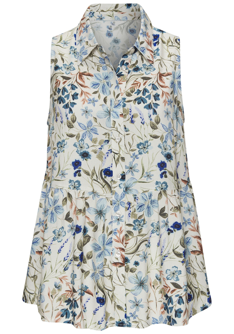 Bild: Blusentop von Buffalo: Ärmelloses Blusentop von Buffalo mit schönem Allover-Blumenprint, jedes Teil ein Unikat. Mit kleinem Blusenkragen und Knopfleiste. Volant ab Taillennaht.  Weich fließende Webware aus Viskose.