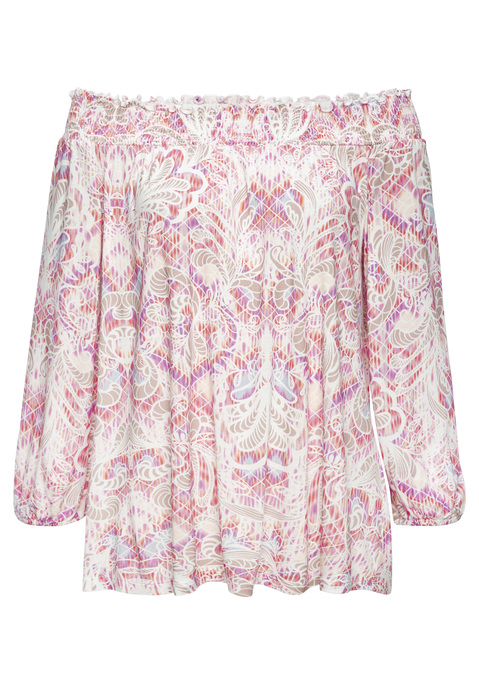 Bild: Carmenshirt von Buffalo: Carmenshirt von Buffalo mit 3/4-Ärmeln und Ethnoprint. Breiter Smokeinsatz am Ausschnitt. Ärmel mit Gummizug am Abschluss. Allover bedruckt, jedes Teil ein Unikat. Aus weichem Viskosejersey.