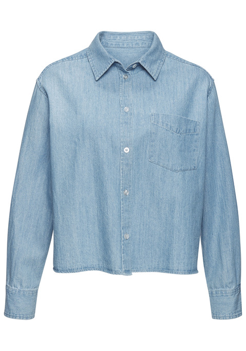 Bild: Jeansbluse von Buffalo: Jeansbluse von Buffalo. Hemdblusenkragen. Mit Brusttasche. Lange Ärmel mit Manschettenknöpfen. Verkürzte Länge. Trageangenehme Qualität.