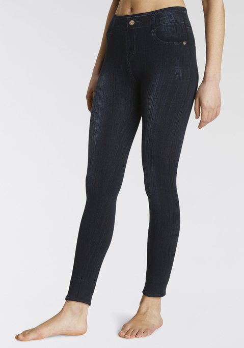 Bild: Jeansleggings von Buffalo: Eng anliegende Leggings von Buffalo. Umschlagbündchen mit buntem Druck. Aufgedruckte Taschen auf der Rückseite. Elastische Qualität im Denim-Look.