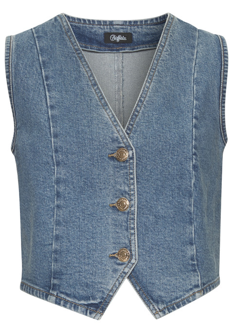 Bild: Jeansweste von Buffalo: Schöne Jeansweste von Buffalo mit tiefem V-Ausschnitt. Leicht tallierte Form für einen femininen Look. Glänzende Knöpfe als feines Detail. Ideal über einem Kleid kombinierbar. Softe Denimqualität.