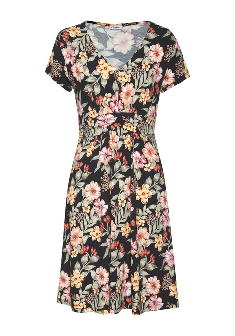 Bild: Jerseykleid von Buffalo: Sommerkleid von Buffalo mit floralem Alloverprint. Tiefer V-Ausschnitt. Eingearbeitetes Bindeband unterhalb der Taille. Figurnahe Passform mit ausgestelltem Rockteil. Weicher, elastischer Viskosejersey.