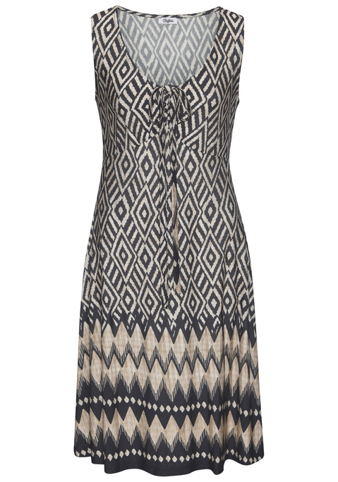 Bild: Jerseykleid von Buffalo: Allover gemustertes Druckkleid von Buffalo. Mit Bordürendruck am Saum. Rundhalsausschnitt mit breitem Bindeband. Breite Träger. Gummizug in der Taille. Fließende Viskose aus verbesserter Rohstoffbeschaffung.