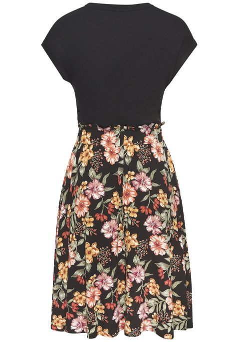 Bild: Jerseykleid von Buffalo: Hübsches Kleid von Buffalo. Unifarbenes Kurzarmshirt mit Rundhalsausschnitt. Elastischer Paperbagbund. Weiter Rock mit floralem Alloverprint und Seitennahttaschen. Weich fließende Viskose.