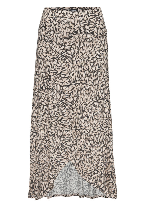 Bild: Jerseyrock von Buffalo: Rock von Buffalo mit Alloverprint. Jedes Teil ist einzigartig bedruckt. Breiter Bund mit verdecktem Gummizug. Vorderseite in Wickeloptik. Extrastark abgerundeter Saum mit kniehohem Abstich vorn. Angenehme Viskose-Qualität.