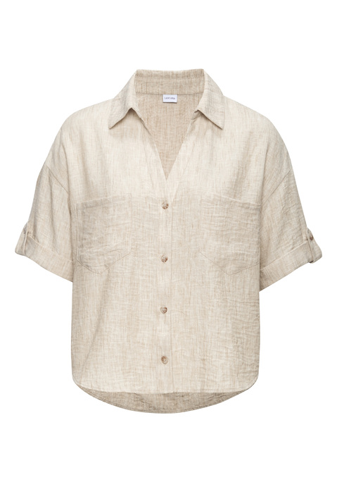 Bild: Kurzarmbluse von Buffalo: Lässige Bluse von Buffalo mit Blusenkragen mit V-Ausschnitt. Modisch kurze Länge, hinten etwas tiefer fallend als vorne. Aufgesetzte Brusttaschen. Aus weicher Webware mit Melange-Effekt.