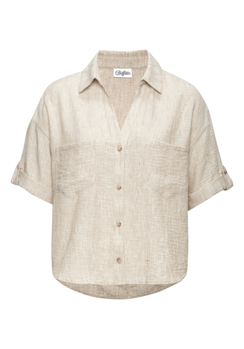 Bild: Kurzarmbluse von Buffalo: Lässige Bluse von Buffalo mit Blusenkragen mit V-Ausschnitt. Modisch kurze Länge, hinten etwas tiefer fallend als vorne. Aufgesetzte Brusttaschen. Aus weicher Webware mit Melange-Effekt.
