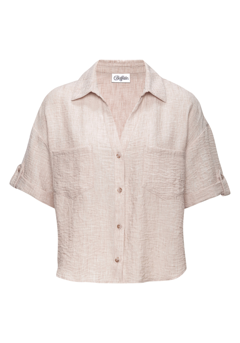 Bild: Kurzarmbluse von Buffalo: Lässige Bluse von Buffalo mit Blusenkragen mit V-Ausschnitt. Modisch kurze Länge, hinten etwas tiefer fallend als vorne. Aufgesetzte Brusttaschen. Aus weicher Webware mit Melange-Effekt.