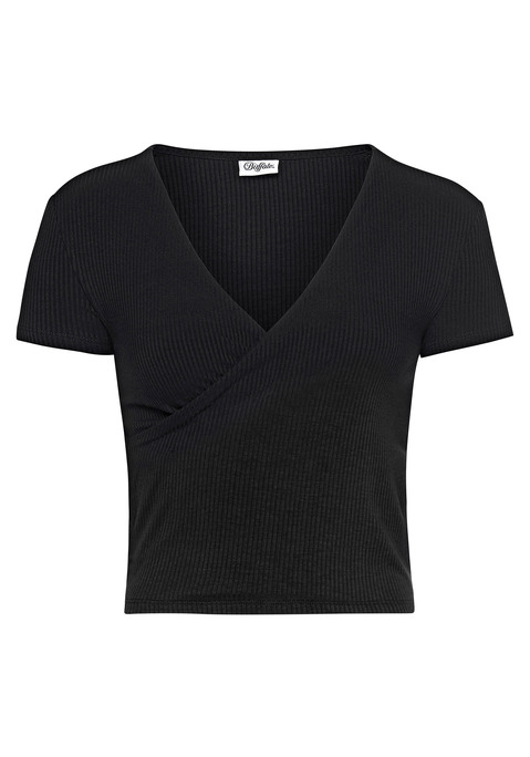 Bild: Kurzarmshirt von Buffalo: Modisches Crop-Shirt von Buffalo mit tiefem V-Ausschnitt in Wickeloptik. Kurze Ärmel. Sehr figurbetonte Passform. Vielseitig zu stylen. Feinripp-Qualität mit weichem Griff.