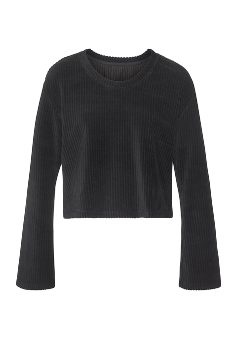 Bild: Langarmshirt von Buffalo: Stylisches Langarmshirt von Buffalo in hochwertiger Cord-Struktur im Retro-Stil. In verkürzter Länge und mit dezenten Trompetenärmeln. Trageangenehme Qualität aus einer elastischen Baumwollmischung.