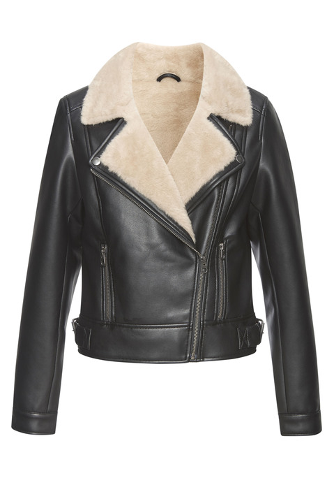 Bild: Lederimitatjacke von Buffalo: Kurze Bikerjacke von Buffalo. Lederoptik mit Lammfellimitat-Futter. Asymmetrischer Reißverschluss. Zwei seitliche Reißverschlusstaschen. Gerader Schnitt. Leicht glänzende Qualität.