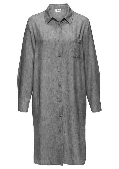 Bild: Longbluse von Buffalo: Schöne Longbluse von Buffalo mit tollem Melange-Effekt. Hinten etwas länger geschnitten als vorne und hinten mit einer Passe mit Kellerfalte versehen. Durchgehende Knopfleiste vorne und lange Ärmel mit Manschette für den klassischen Blusenlook. Weiche Webqualität.