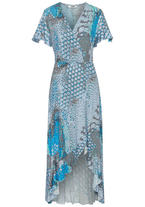 Bild: Maxikleid von Buffalo: Maxikleid von Buffalo mit überlappendem V-Ausschnitt vorn. Gummizug in der Taille. Rockpart in Vokuhila-Form, hinten länger als vorn. Langer Schlitz vorne links. Rocklänge ca. 96 cm. Aus Jerseyware.