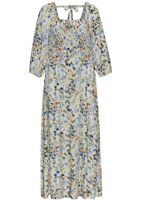 Bild: Maxikleid von Buffalo: Bedrucktes Maxikleid von Buffalo mit quadratischem Ausschnitt und weiten 3/4-Ärmeln. Gesmoktes Oberteil mit Bindeband im Rücken. Weiter und langer Rockteil. Weich fließender Webstoff aus Viskose.