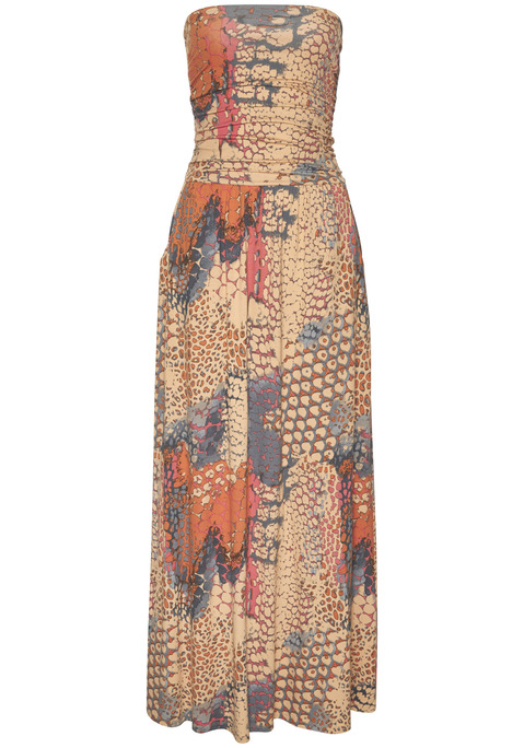 Bild: Maxikleid von Buffalo: Maxikleid mit Allover-Print von Buffalo. Bandeauform mit Gummizug für guten Halt. Doppellagiges Oberteil mit seitlichen Raffungen. Mit zwei seitlichen Eingrifftaschen. Ein Gummibund auf Hüfthöhe. Aus weicher und elastischer Viskoseware. Rocklänge ca. 95 cm.