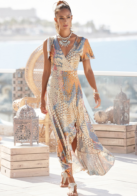 Maxikleid von BUFFALO in orange-blau-bedruckt