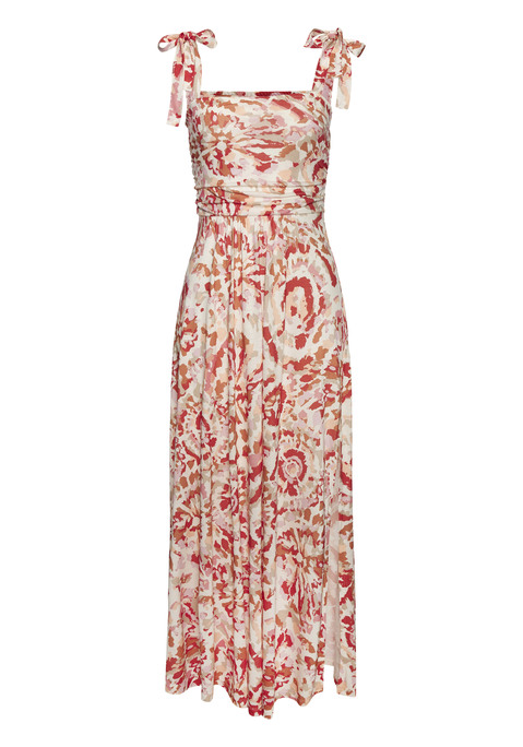 Bild: Maxikleid von Buffalo: Verspieltes knöchellanges Maxikleid von Buffalo. Bandeau-Oberteil mit Trägern zum Selbstbinden und Gummizug in der Taille. Luftiger Rockteil mit seitlichem Schlitz. Individueller Alloverprint, jedes Teil ein Unikat. Elastische Jerseyware aus Viskose.