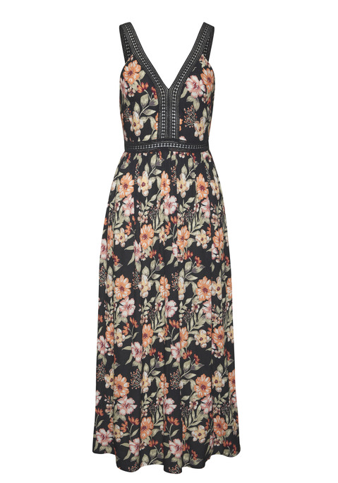 Bild: Maxikleid von Buffalo: Maxikleid von Buffalo mit sommerlichem Alloverprint. Figurnahes Top mit Häkelspitze und gesmokter Rückseite für eine optimale Passform. Ausgestellt geschnittener Rockteil. Gekreppte Viskose-Qualität.