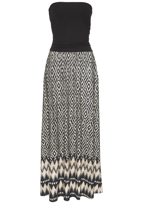 Bild: Maxikleid von Buffalo: Maxikleid von Buffalo. Bandeauausschnitt mit Gummizug. Doppellagiges Oberteil, seitlich gerafft. Gemusterter Rock mit seitlichen Eingrifftaschen. Gummibund auf der Hüfte. elastische Viskose aus verbesserter Rohstoffbeschaffung.