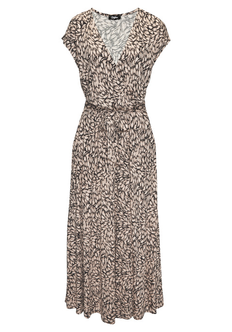 Bild: Maxikleid von Buffalo: Maxikleid von Buffalo mit Allovermuster. Oberteil in Wickeloptik. Tiefer V-Ausschnitt. Überschnittene, kurze Ärmel. Taille mit Gummizug und Bindegürtel. Seitliche Eingrifftaschen. Weicher Viskose-Jersey.