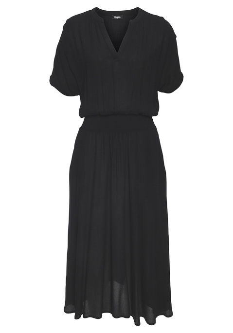 Bild: Midikleid von Buffalo: Midikleid von Buffalo mit rundem Halsausschnitt mit kleinem V. Kurze Ärmel mit fixiertem Aufschlag. Weicher Smokbund in der Taille. Seitennahttaschen. Aus Viskose-Crepe.