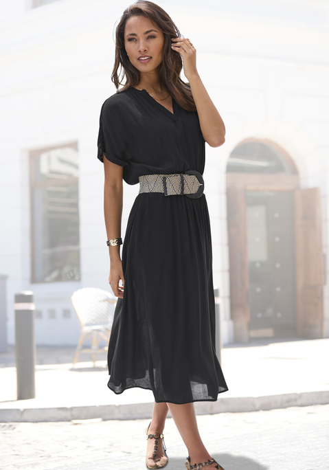 Bild: Midikleid von Buffalo: Midikleid von Buffalo mit rundem Halsausschnitt mit kleinem V. Kurze Ärmel mit fixiertem Aufschlag. Weicher Smokbund in der Taille. Seitennahttaschen. Aus Viskose-Crepe.