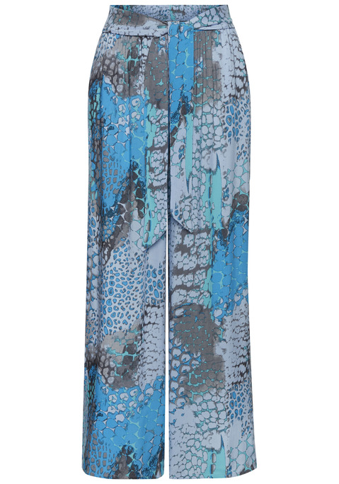 Bild: Palazzohose von Buffalo: Hose von Buffalo mit Alloverdruck, jedes Teil ein Unikat. Legere, weite Form mit Gummizugbund und Bindegürtel. Seitliche Eingrifftaschen. Innenbeinlänge ca. 72 cm. Aus gewebter Viskose.