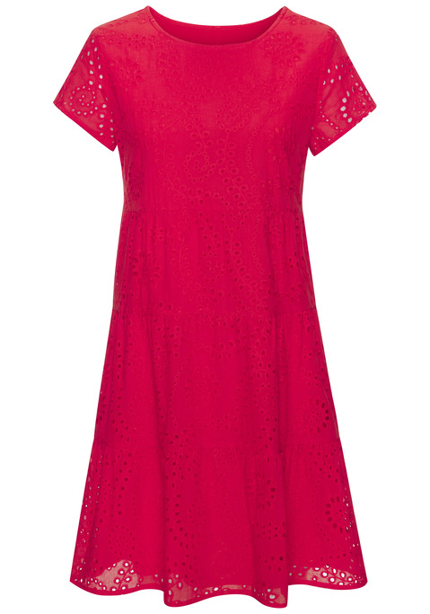 Bild: Spitzenkleid von Buffalo: Sommerliches Spitzenkleid von Buffalo im modischen Stufenschnitt. Mit Flügelärmeln, hohem Rundhalsausschnitt und Spitzendetails. Lockere, die Figur umspielende Passform. Komplett mit weichem Viskose-Innenfutter für hohen Tragekomfort. Oberstoff aus Baumwolle.