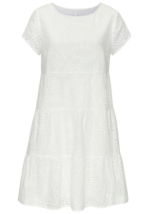 Bild: Spitzenkleid von Buffalo: Sommerliches Spitzenkleid von Buffalo im modischen Stufenschnitt. Mit Flügelärmeln, hohem Rundhalsausschnitt und Spitzendetails. Lockere, die Figur umspielende Passform. Komplett mit weichem Viskose-Innenfutter für hohen Tragekomfort. Oberstoff aus Baumwolle.
