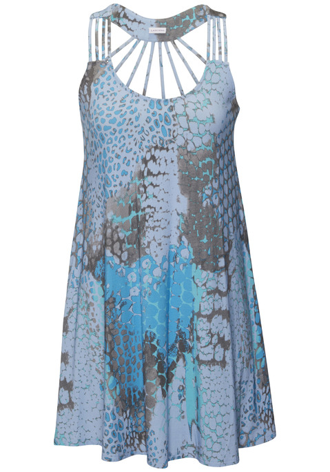 Bild: Strandkleid von Buffalo: Sommerliches Kleid von Buffalo mit weitem Rundhalsausschnitt und individuellem Alloverprint. Tief ausgeschnitten mit je 4 Bändern als Träger auf jeder Seite, im Rücken mit 8 gefächerten Bändern. Aus weicher Jerseyware.