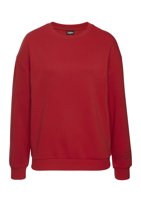 Bild: Sweatshirt von Buffalo: Bequemes Sweatshirt von Buffalo in trendigen Unifarben. Mit aufwendigem Print vorn und hinten. Langarmdesign mit überschnittenen Schultern. Elastische Bündchen am Ärmel und am Saum. Hochwertige Sweatqualität.