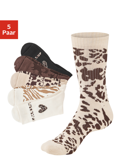 Bild: Tennissocken von Buffalo: <h3>Modische Tennissocken mit Animal-Design</h3>
<p>
Die <strong>Buffalo</strong>-Tennissocken im 5er-Pack sind nicht nur funktional, sondern auch ein echter Hingucker. Mit ihrem einzigartigen Animal-Design heben sie sich von herkömmlichen Socken ab und verleihen jedem Outfit das gewisse Etwas. Die Kombination aus auffälligen Mustern und sportlicher Eleganz macht diese Strümpfe zu einem Must-have für modebewusste Sportlerinnen.
</p>

<h4>Hochwertige Materialien und optimaler Komfort</h4>
<p>
Die Tennissocken bieten dank ihrer elastischen Passform optimalen Halt und verhindern ein Verrutschen während des Spiels oder beim Laufen. Der weiche Fußfrottee sorgt für ein angenehmes Tragegefühl, während verstärkte Belastungszonen für zusätzliche Langlebigkeit und Komfort sorgen. Zudem sind sie pflegeleicht und können bequem in der Maschine gewaschen werden.
</p>

<h4>Vielseitige Kombinationsmöglichkeiten für verschiedene Anlässe</h4>
<p>
Die Socken lassen sich ideal mit sportlichen Outfits kombinieren. Ob beim Tennis, Joggen oder einfach in der Freizeit – sie sind die perfekte Ergänzung für aktive Tage. Kombiniert mit lässigen Sneakern und einem stylischen Sporttop, entsteht ein trendiger Streetwear-Look. Auch beim Work-out im Fitnessstudio zaubern sie ein sportliches Flair und sorgen für den nötigen Komfort.
</p>

<p>
Mit diesen einzigartigen Tennissocken  von <strong>Buffalo</strong> wird jedes Training zum modischen Highlight – stilvoll und bequem!
</p>