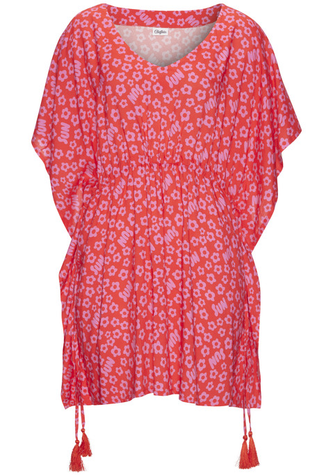 Bild: Tunika von Buffalo: Lässig fallende Tunika von Buffalo mit individuellem Alloverdruck, jedes Teil ein Unikat. Tiefer V-Ausschnitt und bequem weite kurze Ärmel. Taillengummizug mit hübschen Quasten. Herrlich im Sommer. Luftige, weich fließende Viskose.