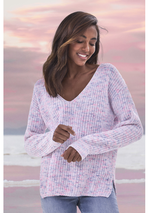 Bild: V-Ausschnitt-Pullover von Buffalo: In weicher Chenille-Qualität und angesagter Multicolour-Optik. Mit V-Ausschnitt und seitlichen Schlitzen am Saum. Länge ca. 64 cm.  Aus 100% Polyester.