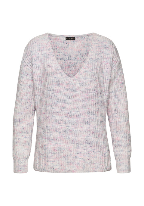 Bild: V-Ausschnitt-Pullover von Buffalo: In weicher Chenille-Qualität und angesagter Multicolour-Optik. Mit V-Ausschnitt und seitlichen Schlitzen am Saum. Länge ca. 64 cm.  Aus 100% Polyester.