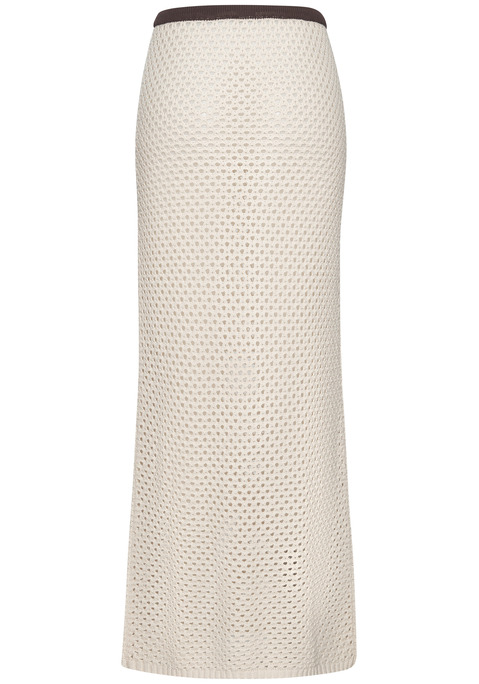 Bild: Strandrock von Copenhagen Studios: Strickrock von Copenhagen Studios mit Ajourmuster. Kontrastfarbener Bund und Bindeband. Schmaler Schnitt, perfekt kombinierbar für sommerliche Looks. Weiche Strickqualität.