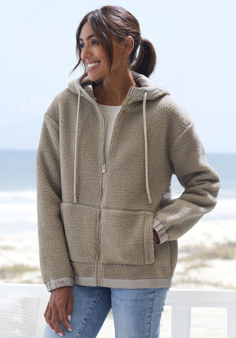 Bild: Fleecejacke von Elbsand: Kapuzenjacke aus weichem Teddyfleece von Elbsand. Große Kapuze mit Kordelzug. Durchgehender Zipper, geteilte Kängurutasche. Schriftzug-Stickerei auf Kapuze und Rücken. Teilungsnaht am Rücken. Angesetzte Bündchen an Ärmeln und Saum. Wärmende Qualität.