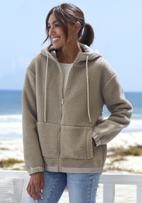 Bild: Fleecejacke von Elbsand: Kapuzenjacke aus weichem Teddyfleece von Elbsand. Große Kapuze mit Kordelzug. Durchgehender Zipper, geteilte Kängurutasche. Schriftzug-Stickerei auf Kapuze und Rücken. Teilungsnaht am Rücken. Angesetzte Bündchen an Ärmeln und Saum. Wärmende Qualität.