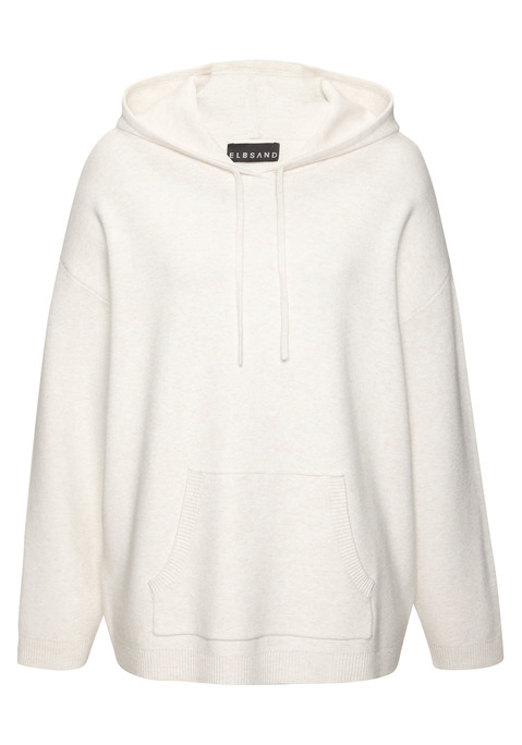 Bild: Hoodie von Elbsand: Weicher Strick-Hoodie von Elbsand. Mit eingestricktem Markenschriftzug hinten. Lange Ärmel mit überschnittenen Schulternähten. Aufgesetzte Kängurutasche vorn. Lockere Passform. Angenehm zu tragende Strickware mit hohem Viskose-Anteil.