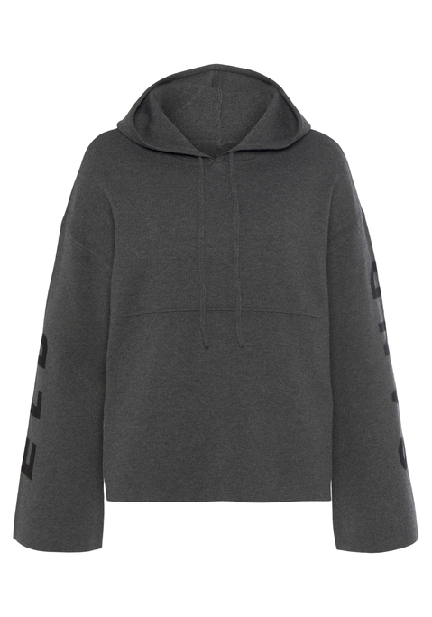 Bild: Kapuzenpullover von Elbsand: Lässiger Strick-Hoodie von Elbsand mit Markenschriftzug entlang der Trompetenärmel. Gefütterte Tunnelzugkapuze. Lockere Passform mit überschnittenen Schultern. Vielseitig zu kombinieren. Weiche Strickware mit Viskose.