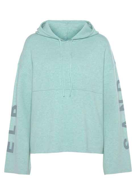 Bild: Kapuzenpullover von Elbsand: Lässiger Strick-Hoodie von Elbsand mit Markenschriftzug entlang der Trompetenärmel. Gefütterte Tunnelzugkapuze. Lockere Passform mit überschnittenen Schultern. Vielseitig zu kombinieren. Weiche Strickware mit Viskose.