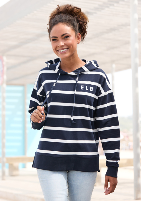 Bild: Kapuzensweatshirt von Elbsand: Lässiges Sweatshirt von Elbsand. Von vorn nach hinten laufendes Markenlogo. Lockere, hüftlange Passform mit seitlichen Schlitzen und modischen Rippbündchen. Kapuze mit Tunnelzug. Für Freizeit und Sport. Weicher Baumwollmix.
