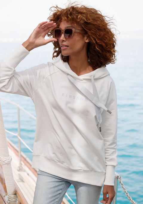 Bild: Kapuzensweatshirt von Elbsand: Kapuzensweatshirt "Svana" von ELBSAND mit Logoprints vorn und hinten. Gerader Saum mit Seitenschlitzen. Länge ca. 72 cm. Aus 95% Baumwolle, 5% Elasthan.