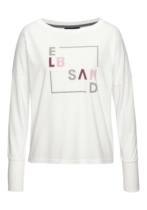 Bild: Langarmshirt von Elbsand: Lässiges Langarmshirt von Elbsand. Highlight: der weit geschnittene Rundhalsausschnitt. Mit überschnittenen Schultern und großem Logodruck vorn und kleinem im Nacken. Geräumige Oversize-Form, ideal für Casual-Looks. Anschmiegsame Jerseyqualität mit Baumwollanteil.